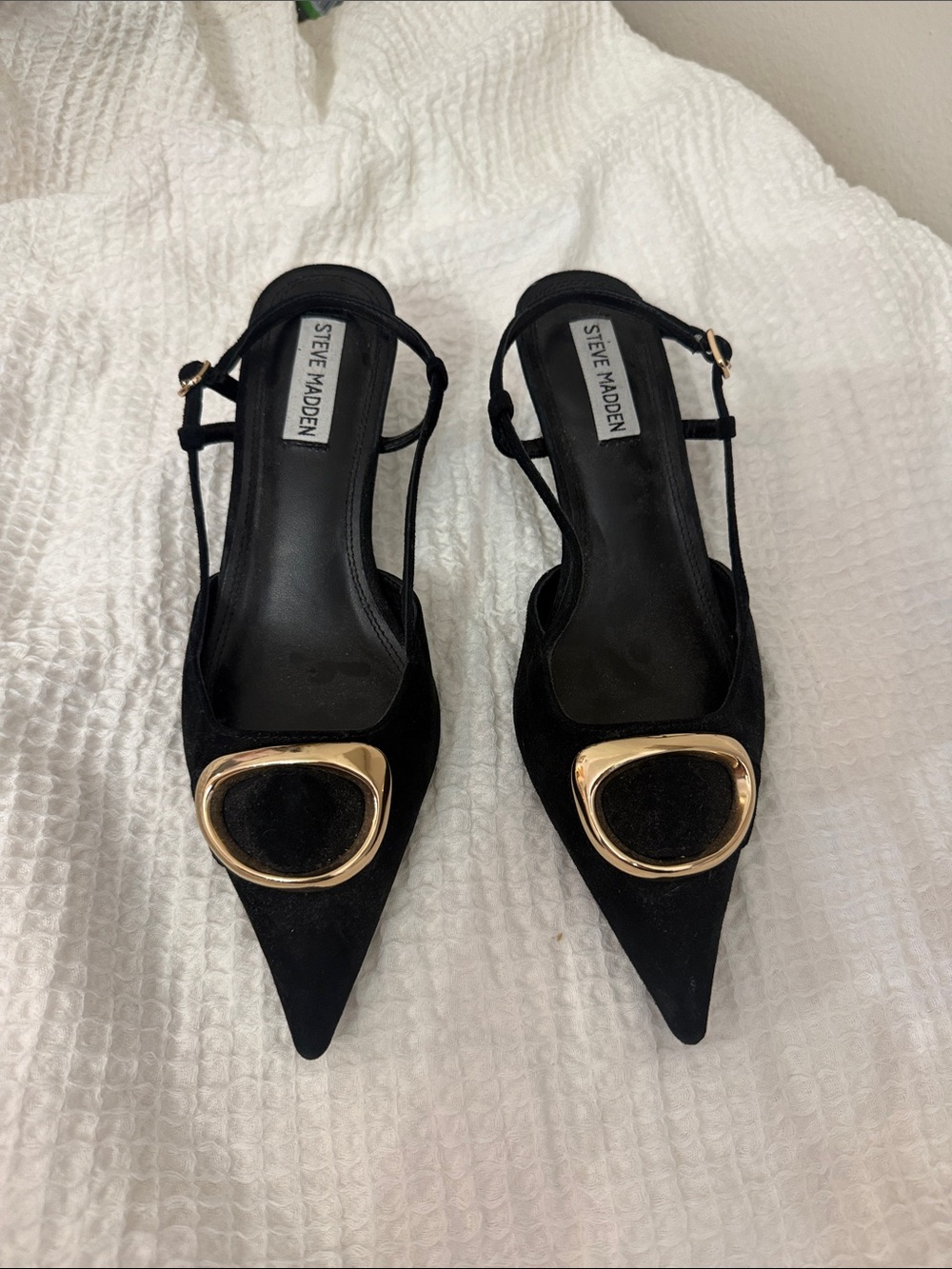 Steve Madden Black Pointed Slingback Pumps with Gold Oval Accent